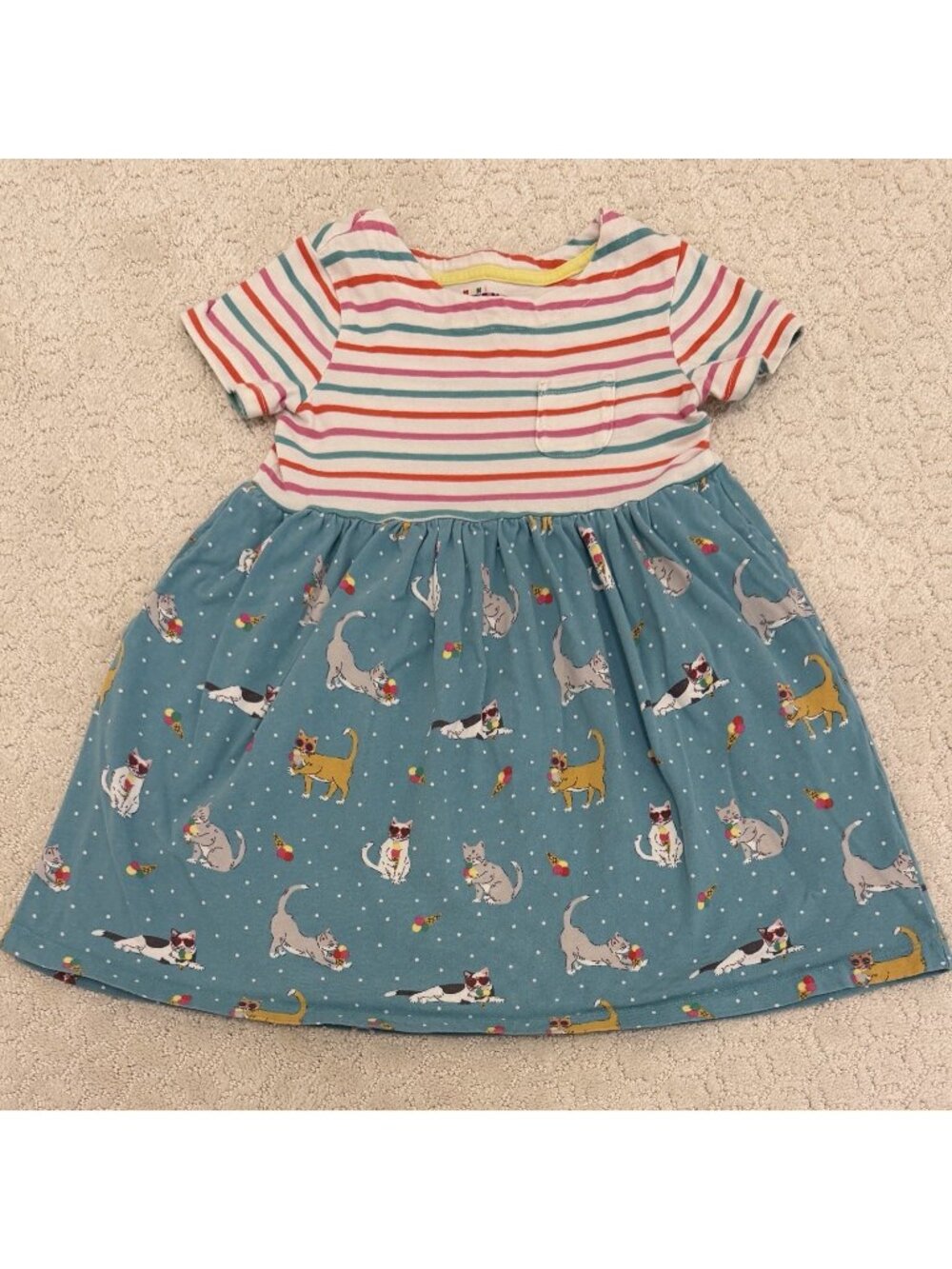 Mini Boden Girl's Cat/Striped Hotchpotch Tunic Dress size 5-6 Blue with Pockets